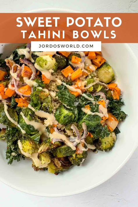 The perfect, most delicious way to satisfy your sweet and savory cravings! Make this nutrient-dense, hearty Sweet Potato Tahini Bowl today! Sweet Potato Tahini, Tahini Bowl, Savory Cravings, Week Of Healthy Meals, Healthy Bowl Recipes, Nutrient Dense Meals, Nutrient Dense Recipes, Sweet Potato Gratin, Macro Meal Plan