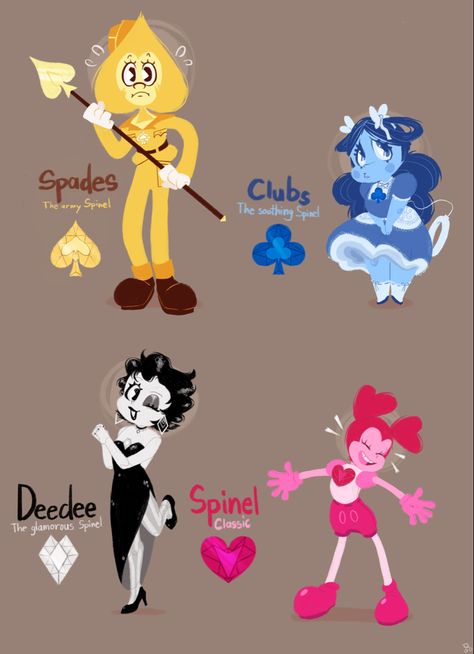 Four gems from Steven Universe, three are fanmade. A lanky yellow one labelled "Spades, the army Spinel", a portly blue one labelled "Clubs, the soothing Spinel", an elegant white one labelled "Deedee, the glamorous Spinel", and the canonical character Spinel, who is labelled "Spinel, classic". Each character is styled in a different way based on their names. Steven Universe Powers, Red Gems Steven Universe, Spinel And The Diamonds, Steven Universe Swap Au, Steven Universe Au Diamond Swap, Spinel Aesthetic, Spinel Steven Universe Fanart, Garnet And Steven, Spinel Oc