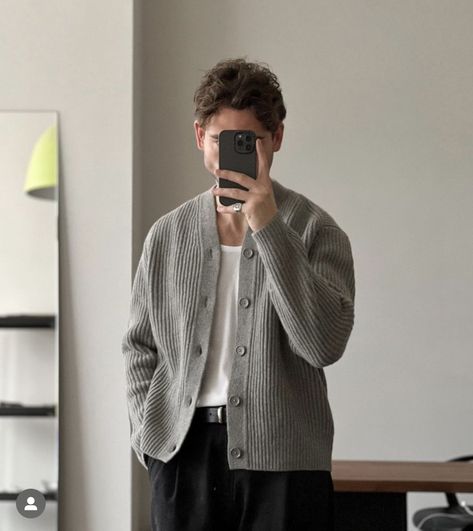 Grey Aesthetic Outfit Men, Old Money Cardigan Outfit Men, Cardigan Sweater Outfit Men, Men Outfit Cardigan, Gray Cardigan Outfit Men, Cardigan Grey Outfit, Grey Cardigan Outfit Men, Grey Cardigan Outfit Aesthetic, Men’s Cardigan Outfit