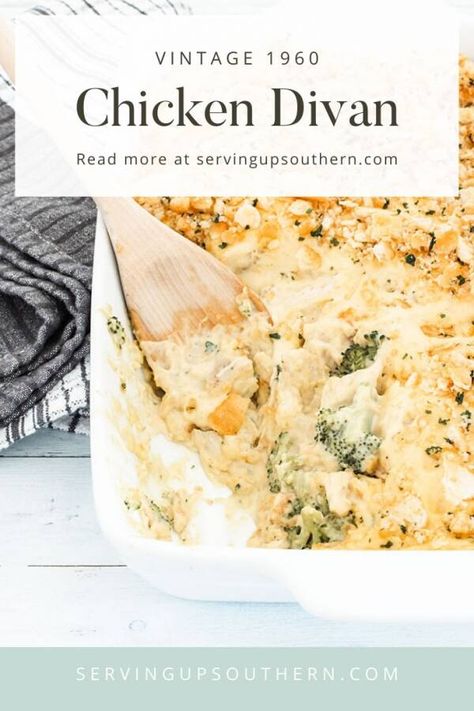 Chicken Divan - a classic chicken casserole that's easy to make and delicious. You will get enthusiastic compliments from everyone.#dinner #maindish #casserole #chicken #broccoli #leftoverchicken #rotisseriechicken #easychickendivan #chickendivan #chickendivan #chickendivancasserole #chickendivanwithcurry #familyfriendly #chickendinners #chickenrecipes #kidfriendly #freezermeal #recipe #chickendish #chickencasseroles #servingupsouthern #supper Chicken Casserole With Broccoli, Cashew Bread, Chicken Dorito, Casserole With Broccoli, Stuffed Veggies, Chicken Divan Casserole, Chicken Divan Recipe, Favorite Casserole Recipes, Dorito Casserole