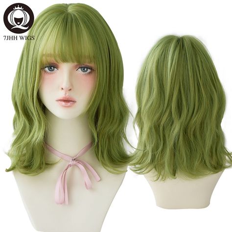 Olive Hair, Deep Wave Wig, Bangs For Women, Green Wig, Wave Wig, Beautiful Wigs, Wig With Bangs, Short Wigs, Hair Inspo Color