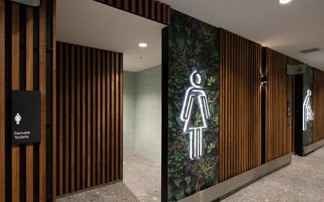 Lobby Restroom Design, High End Commercial Restroom Design, Customer Bathroom Ideas, Bathroom Signage Design, Public Wc Design, Commercial Toilet Design, Gym Bathroom Ideas, Commerical Bathrooms, Office Toilet Design