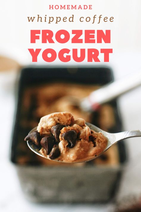 This whipped coffee frozen yogurt recipe is healthier than ice cream and so so tasty! Filled with dalgona coffee and maple syrup plus maybe some chocolate chips, this froyo is the best! #best #Homemade #howtomake #quickandeasy #delicious #yogurt #whippedcoffee #healthymealsandfoods #dalgonacoffee Coffee Frozen Yogurt Recipe, Coffee Frozen Yogurt, Sugarless Desserts, Make Frozen Yogurt, Wholesome Lifestyle, Greek Yogurt Ice Cream, Yogurt Ideas, Coffee Frosting, Frozen Recipes