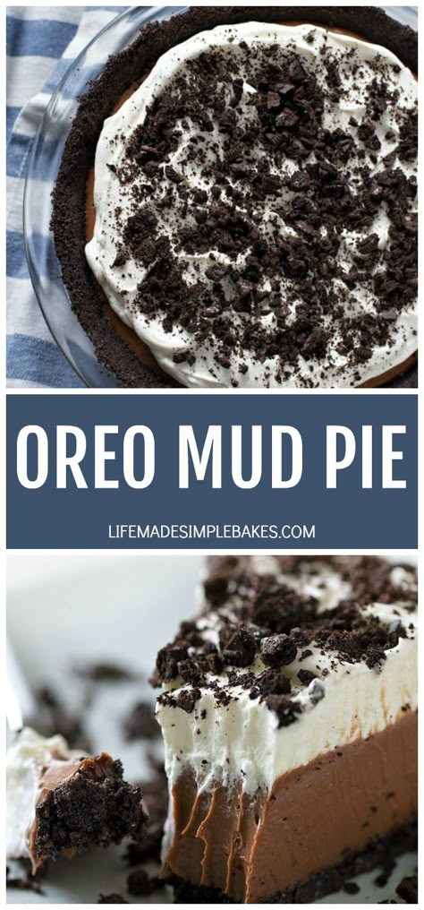 This no-bake mud pie has an Oreo cookie crust, a layer of homemade chocolate pudding, and a fluffy whipped cream topping. It's cool, creamy and to #oreomudpie #mudpie #oreopie #nobakemudpie #nobakeoreopie Apple Cinnamon Puff Pastry, Oreo Mud Pie, Italian Cream Puffs, Cinnamon Puff Pastry, Cool Whip Pie, No Bake Oreo Pie, Mud Pie Recipe, Simple Pie, Mississippi Mud Pie