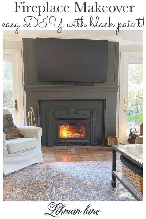 Repaint Fireplace Mantle, Painting Fireplace Black Wood Mantle, Fireplace Mantel Update, Best Fireplace Paint Colors, Fireplace Paint Color Ideas, Paint Fireplace Black, Colored Fireplace Painted, Fireplace Makeover Before And After, Fireplace Painting Ideas