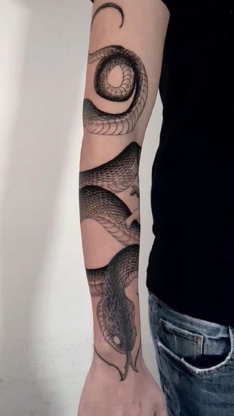 Snake Tattoo Ideas For Men, Snake Head Tattoo, Snake Tattoo Ideas, Black Snake Tattoo, Tattoo Knee, Left Arm Tattoos, Inca Tattoo, Snake Tattoos, Full Leg Tattoos