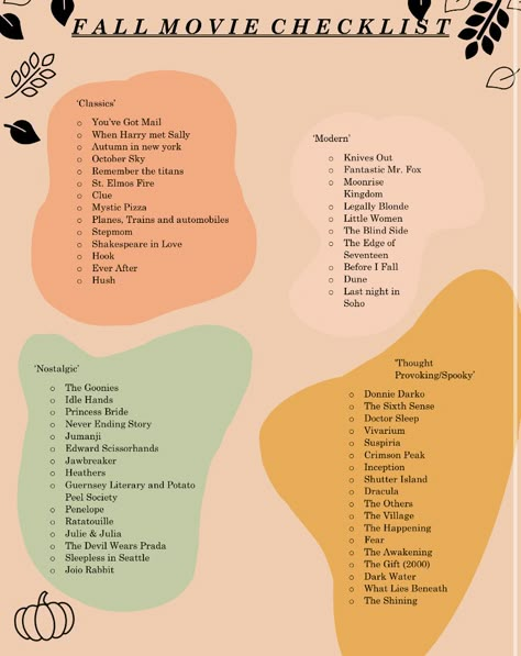 Ultimate Fall Movie List, Fall And Halloween Movie List, Halloween Movies Checklist, Fall Time Movies, September Watch List, Movies That Feel Like Fall, Feel Good Fall Movies, Fall Romcom Movies, Shows To Watch In The Fall