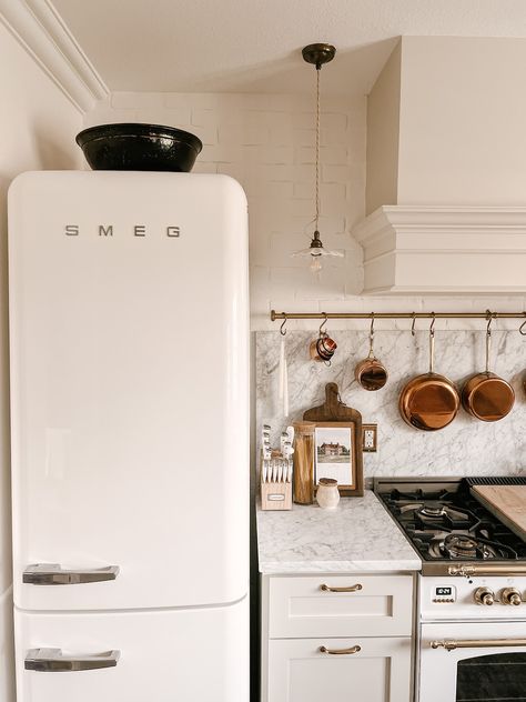 Thistle Harvest: Our Kitchen Renovation Reveal With Smeg / Pt. 2 Brick Veneer Panels, Old Mill Brick, Ilve Range, White Fridges, Smeg Fridge, White Farmhouse Sink, Kitchen Appliance Packages, Brick Veneer, Wooden Cabinets