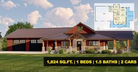 Barndominium With Side Porch, Single Level Barndominium Floor Plans, Barndominium With Walkout Basement, 40 X 60 Metal House Plans, House With Shop Attached, 2 Bedroom Shop House Plans, 1800 Sq Ft Barndominium Floor Plans, One Level Barndominium Ideas, Barndominium Styles