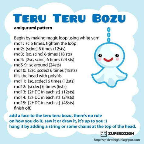 Amigurumi "Teru Teru" - Tutorial Japanese Amigurumi Pattern Free, Crochet Teru Teru Bozu, Teru Teru Bozu Crochet, Teru Teru Bozu, Japanese Crochet Patterns, Quick Crochet Patterns, Crochet Cord, Crochet Keychain Pattern, Pola Amigurumi