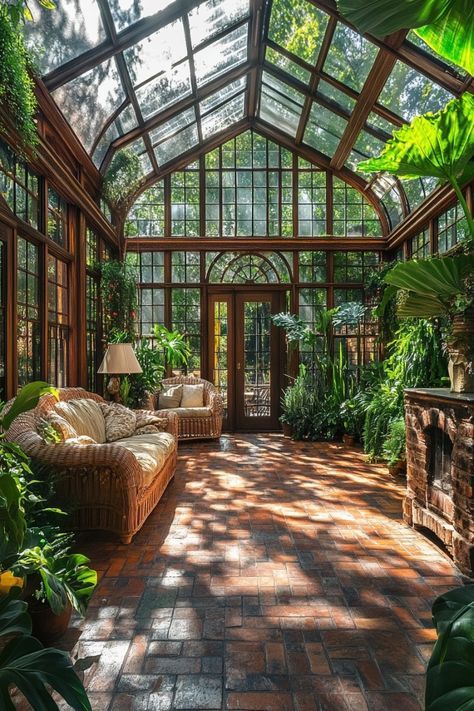 Big Green House Aesthetic, Huge Greenhouse Conservatory, Glass Green House Aesthetic, Moody Conservatory, Orangery Aesthetic, Biophilic Architecture Interiors, Greenhouse Reading Room, Attached Greenhouse Sunroom Conservatory, Greenhouse Yoga Studio