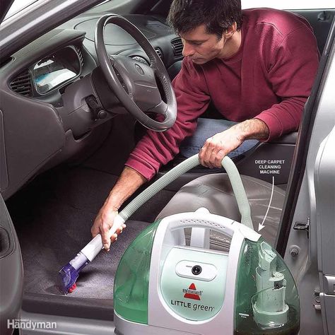 Use a carpet cleaning machine to get the deep dirt that settles into the fibers of the carpet. (Clean cloth seats this way as well.) It sprays the carpet with a solution of water and cleaner and then sucks the dirt and grime into a reservoir. A machine like this pays for itself after just a few uses. You can also rent one from a rental center or use a spray-on cleaner and a scrub brush instead. Carpet Cleaning Machines, Carpet Cleaning Hacks, Car Carpet, Clean Your Car, Car Cleaning Hacks, Car Hacks, Family Handyman, Carpet Cleaner, Carpet Cleaning