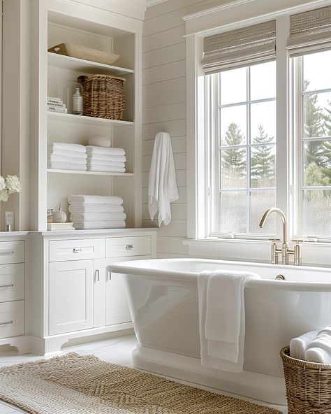 Dreaming of some R&R in this space 😍 Isn't it lovely?  Custom AI Design: @socialnectarco Tub With Shelves, Free Standing Tub Surround, Bathroom Layout With Bathtub, Tub Between Two Vanities, Master Bath With Toilet Closet, Bathroom Ottoman, Master Bath Layouts, Master Bath And Closet Combo, Primary Bathroom Ideas Timeless