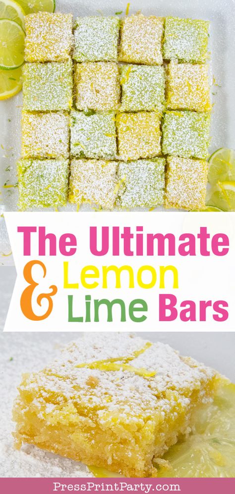 LEMON & LIME BARS: This easy lemon bars recipe works as well with lemons or limes. Best classic lemon bars from scratch. Make lemon squares and lime bars in a checkered pattern that will wow your friends - by Press Print Party! #lemonbars #dessert #limebars Lemon And Lime Recipes, Lemon Lime Recipes, Lime Bars Recipe, Baking Bars, Easy Lemon Bars, Desert Bars, Classic Lemon Bars, Bar Desserts, Lemon Bars Easy