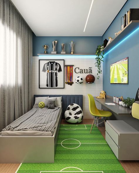 Soccer Living Room, Cool Boy Room Ideas, Soccer Room Ideas For Boys, Football Room For Boys, Small Boys Room Ideas, Room Decor Ideas Boys, Two Boys Bedroom Ideas, Soccer Kids Room, Soccer Bedroom Ideas