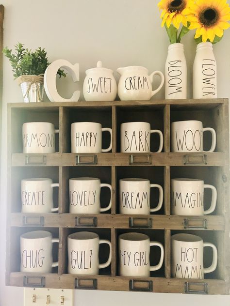 Rae Dunn Mug Display, Rae Dunn Coffee Bar Display, Hobby Lobby Shelves, Mug Shelf, Rae Dunn Mugs, Coffee Mug Display, Mug Display, Rae Dunn Collection, Farmhouse Decorating