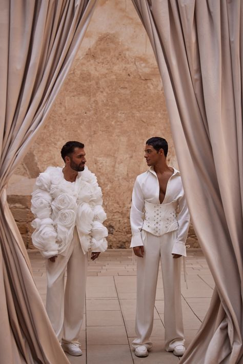 Greek God Inspired Outfits, Pants Wedding Dress, Male Wedding Dress, Flower Office, Pants Custom, Traditional Gowns, Couture Wedding Dresses, High Fashion Men, Milla Nova