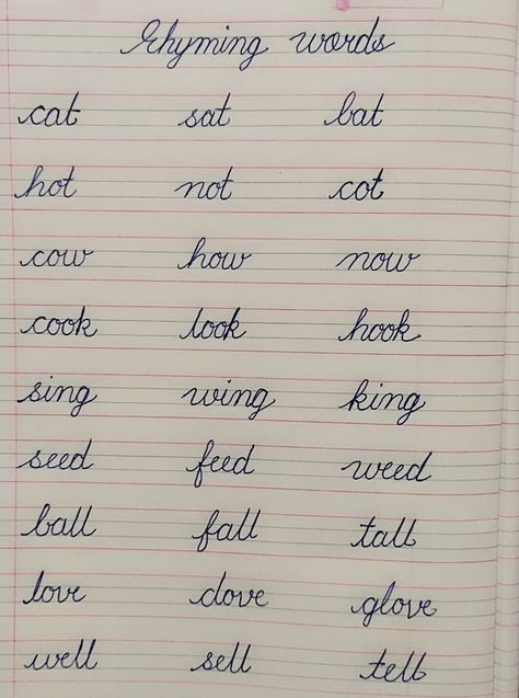 English Rhyming Words Worksheets
RHYMING WORDS
rhyming words for kids
what are rhyming words 
rhyming words in English 
three letter rhyming words
four letter rhyming words
cursive handwriting
rhyming words in Cursive handwriting 


Hello friends,
In this video we will write some rhyming words for kids in English with beautiful handwriting.

*Rhyming words*

cat-sat-bat

hot-not-cot

cow-how-now

cook-look-hook

sing-wing-king

seed-feed-weed

ball-fall-tall

love-dove-glove 

well-sell-tell Rhyming Words For Kids, English Cursive Writing, Kid Worksheets, Nursery Worksheet, Cursive Writing Book, Capital Cursive, Teaching Cursive Writing, Two Letter Words, Cursive Writing Practice Sheets