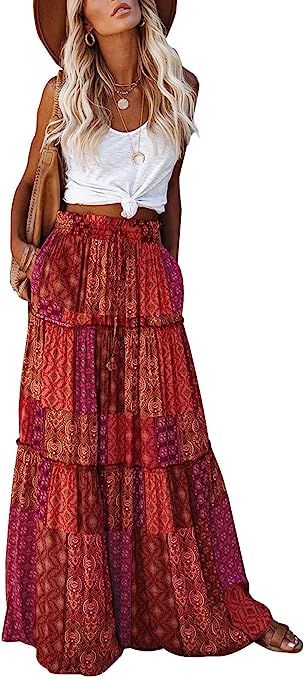 Womens Casual High Waist Tiered Paisley Print Long Maxi Skirt with Pockets Long Flowy Skirt, Printed Long Skirt, Bohemian Skirt, Maxi Skirt Boho, Womens Maxi Skirts, Beach Skirt, Long Maxi Skirts, Printed Maxi Skirts, Skirt With Pockets