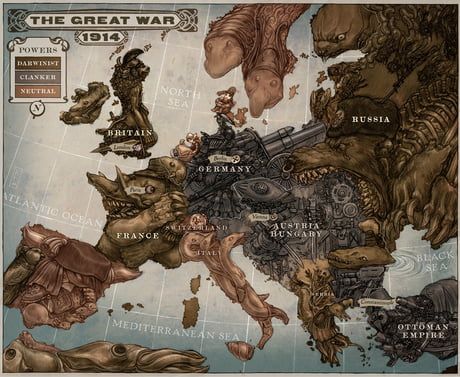 Awesome map of WW1 Europe in the Steampunk/Biopunk book series Leviathan by Scott Westerfield Europe 1914, Scott Westerfeld, Art Steampunk, Europe Map, Fantasy Map, Old Maps, Steampunk Art, Arte Fantasy, 판타지 아트