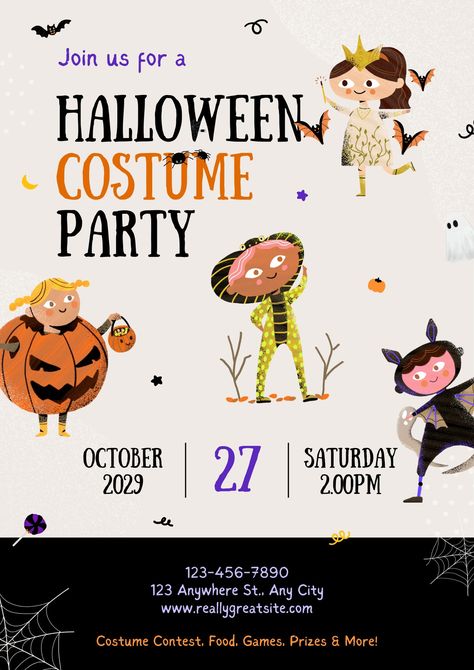 Beige and Black Cute Playful Costume Party Halloween Poster 🤍beige, playful, halloween, poster, costume, party, invitation, kids, event, cartoon🤍#canva #canvatemplate #freetemplate #hallooween Halloween Invitations Kids, Costume Party Invitation, Halloween Party Poster, Halloween Flyer, Halloween Poster, Halloween Party Invitations, Halloween 2024, Beige And Black, Halloween Invitations