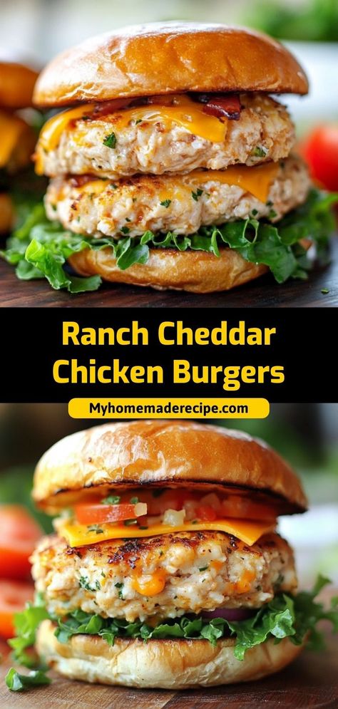 These Ranch Cheddar Chicken Burgers are juicy and flavorful, packed with ranch seasoning and melty cheddar cheese. Ingredients: 1 lb ground chicken 1/2 cup shredded cheddar cheese 1 packet ranch seasoning 1 egg A quick, cheesy burger perfect for grilling or pan-frying The Best Chicken Burgers, Cheddar Ranch Chicken Burgers, Baked Chicken Burgers, Chicken Burgers Ground, Chicken Smash Burger, Cheddar Burgers Recipe, Easy Chicken Burger Recipe, Chicken Ranch Burgers, Ranch Cheddar Chicken