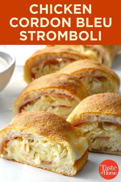 Chicken And Dough Recipes, Chicken Cordon Bleu Stromboli, Chicken Stromboli Recipe Easy, Stromboli Filling Ideas, Chicken Stromboli Recipe, Stromboli Ideas, Cordon Bleu Lasagna, Alfredo Sauce Homemade, Creamy Chicken Cordon Bleu