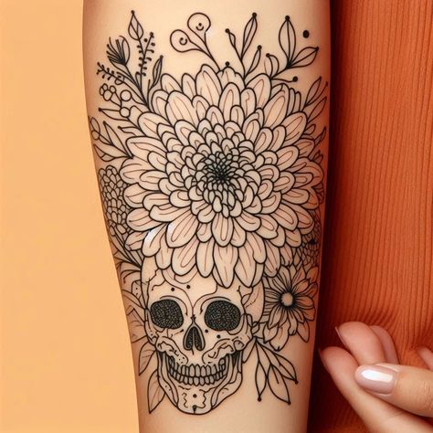 Chrysanthemum & Skull Tattoo: November Birth Flower Symbolizing Resilience and Strength Skull Inside Flower Tattoo, Edgy Flower Tattoo, Skull And Flower Tattoo, November Birth Flower Tattoo, Fine Line Design, Resilience Tattoo, Name Flower Tattoo, November Birth Flower, Chrysanthemum Tattoo