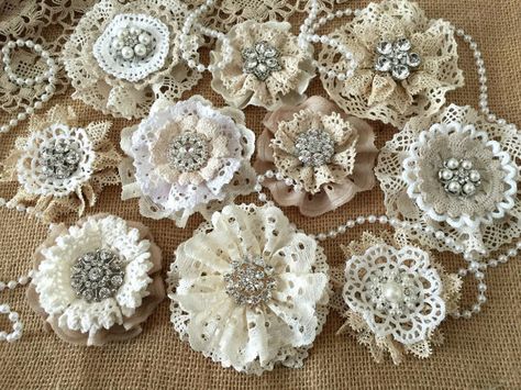 shabby+chic+vintage+lace+handmade+flowers+by+PinKyJubb+on+Etsy Lace Flowers Tutorial, Textile Flowers, Shabby Chic Flowers, Material Flowers, Making Flowers, Lace Crafts, Flowers Tutorial, Shabby Flowers, Shabby Chic Crafts