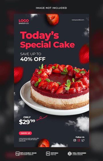 Premium PSD | Elegant strawberry cake menu promotion social media instagram stories or banner template premium psd Cake Banner Design, Cake Social Media Design, Cake Poster Design Ideas, Cake Promotion Poster, Cake Ads, Strawberry Banner, Cake Story, Healthy Food Menu, Cake Banner