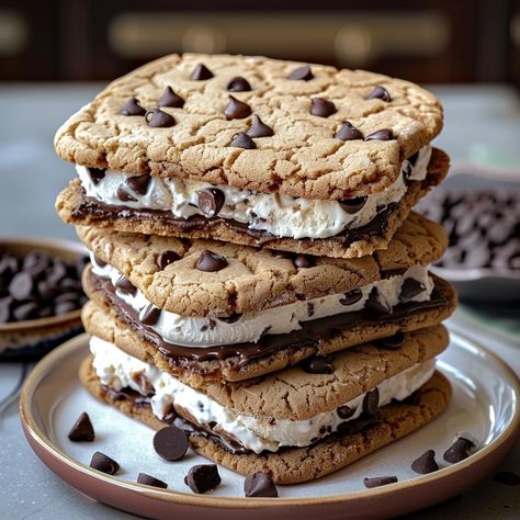 Indulge in the perfect summer dessert with these Chocolate Chip Cookie Ice Cream Sandwiches. Combining soft, chewy cookies Cookie Ice Cream Sandwiches, Soft Chewy Cookies, Garlic Bread Pizza, Mint Chocolate Cake, Cookie Ice Cream, Marshmallow Frosting, Chewy Cookies, Ice Cream Cookie Sandwich, Peanut Butter Cheesecake