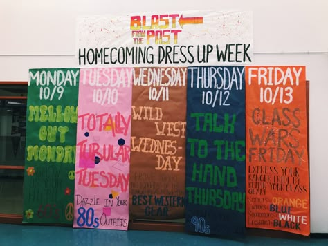 Decade Homecoming Theme, Homecoming Decades Theme, Pep Rally High School, Fun Homecoming Themes, Assembly Ideas High School Pep Rally, Homecoming Traditions High School, High School Homecoming Decorations, Homecoming Spirit Week Posters, Fun High School Events