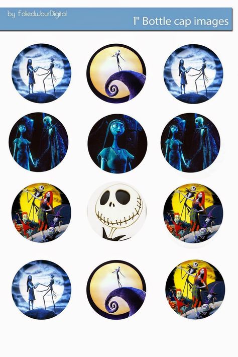 Free The Nightmare before Christmas digital bottle cap images       - You can print and use them for your art project, Stickers, Hair Bo... Bottle Top Crafts, Bottle Cap Projects, Bottle Cap Jewelry, Bottle Cap Magnets, Bottle Cap Art, Bottle Cap Crafts, Printable Images, Bottle Cap Images, Diy Bottle