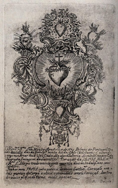 The Sacred Heart of an unidentified location in Portugal. Engraving by A. Debrie. | Wellcome Collection Sacred Heart Art, Backpiece Tattoo, Engraving Tattoo, Religious Tattoos, The Sacred Heart, Engraving Illustration, Heart Illustration, Tattoo Project, Black Ink Tattoos