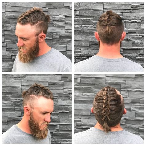 Men’s haircut, shaved sides, top knot or braided top. Fighter’s haircut. Men Half Shaved Hair, Top Knot Undercut, Mens Haircut Shaved Sides, Male Braids, Androgynous Haircut, Male Haircuts Curly, Haircut Shaved Sides, Braids With Shaved Sides, Braided Top Knots