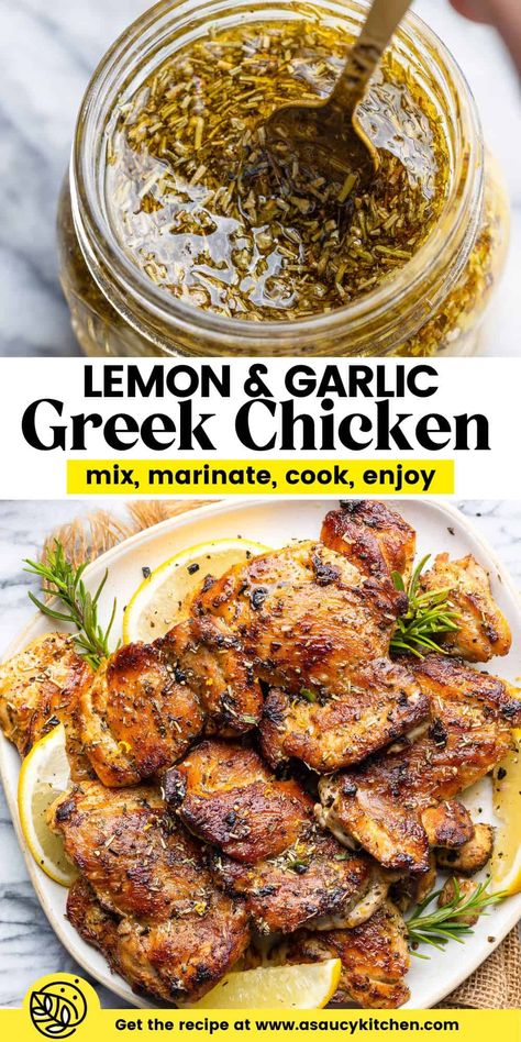 Simple ingredients and classic Greek flavors make for a mouthwateringly delicious marinade you can whip up in no time! Made with bright and zesty lemon, punchy garlic and a few herbs and spices. You'll love this easy Greek Marinated Chicken recipe! Chicken With Herbs, Greek Marinated Chicken, Greek Chicken Marinade, Mediterranean Recipes Healthy, Marinated Chicken Recipes, Mediterranean Diet Recipes Dinners, Greek Chicken Recipes, Greek Lemon Chicken, Easy Mediterranean Diet Recipes