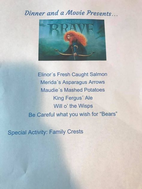 Menu Brave Themed Dinner, Brave Dinner And A Movie, Brave Movie Night, Disney Movie Night Snacks, Healthy Kid Food, Fun Holiday Recipes, Disney Themed Movie Night, Disney Wedding Centerpieces, Disney Movie Night Food