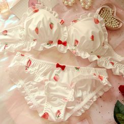 Prinsis - Set: Printed Ruffle Trim Bra + Panties Dr Mundo, Strawberry Cute, Deer Doll, Silk Bra, Mori Girl Fashion, Breast Reduction, Cute Bras, Cute Lingerie, Pink Lingerie