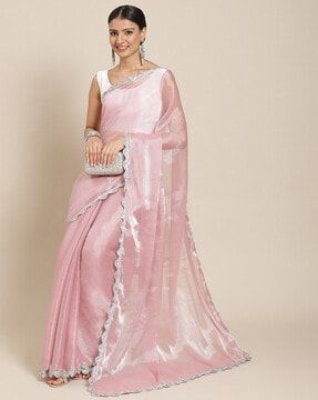 Check out Saree with Lace Border on AJIO! Saree Farewell, Pink Sarees, Optical Illusion Dress, Sarees For Women, Crepe Saree, Illusion Dress, Pink Solid, Chiffon Saree, Pink Fabric