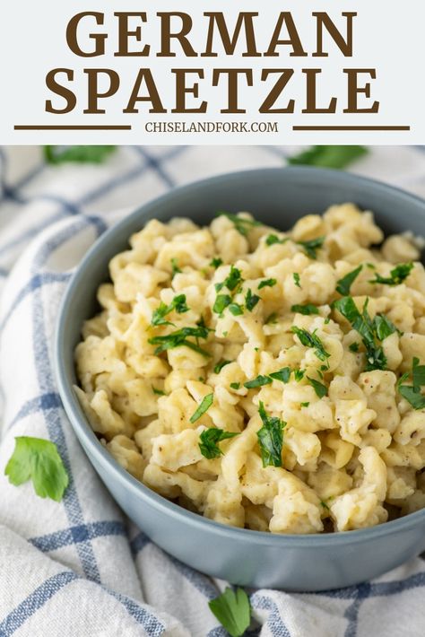 This German spaetzle, aka pasta dumplings, only takes minutes to come together and is the perfect complement to a variety of dishes. #germanspaetzle #spaetzle #homemadespaetzle #spaetzlerecipe | chiselandfork.com German Pasta, German Noodles, German Spaetzle, Easy German Recipes, Spaetzle Recipe, Oktoberfest Food, Vegetarian Italian, German Recipes, Chopping Block