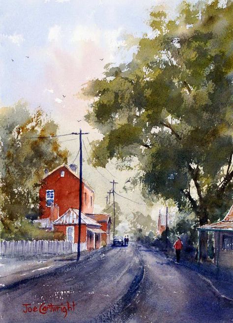 Watercolor paintings of street scenes gallery of Joe Cartwright, Australian artist.Urbanscapes.Watercolour streets, towns, cars and people in urban environment. Painting Buildings, Street Watercolor, Watercolour Landscapes, Easy Landscape Paintings, Country Lane, Watercolor Winter, Watercolor Paintings For Beginners, Landscape Elements, Scenery Paintings