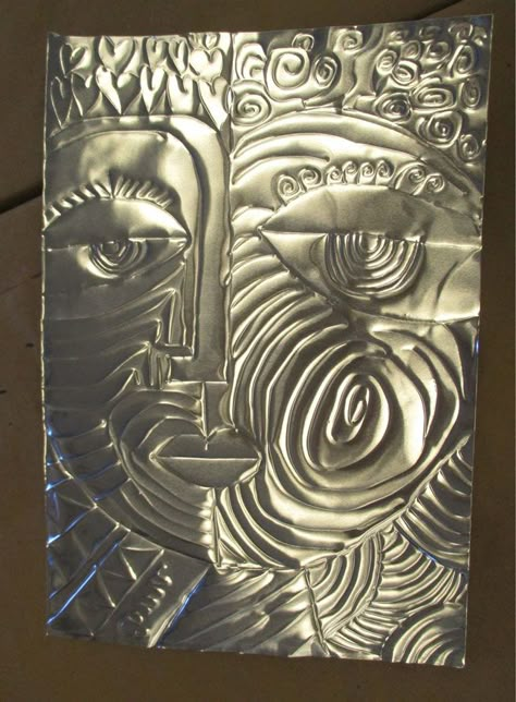 Tooling Foil Silberzwieg Portraits Aluminum Paper Art, Metal Tooling Art Projects, Sandra Silberzweig, Childrens Art Studio, Metal Tooling, Tin Foil Art, Metal Embossing Art, Assemblage Sculpture, Batik Painting