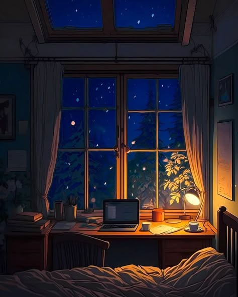 Lofi Night, Zen Pictures, Sweet Drawings, Bedroom Drawing, Night Illustration, Time Cartoon, Dreamy Artwork, Real Anime, Architectural Sketch