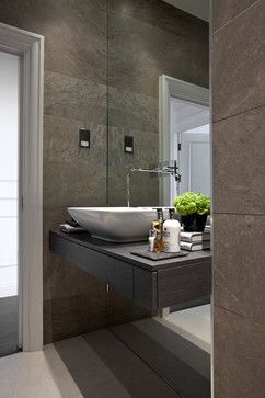 The Hampstead Apartment contemporary-bathroom Cloakroom Toilet, Vanity Shelves, Herringbone Backsplash, Downstairs Loo, Downstairs Toilet, Room Tiles, Downstairs Bathroom, Contemporary Bathrooms, Grey Bathrooms