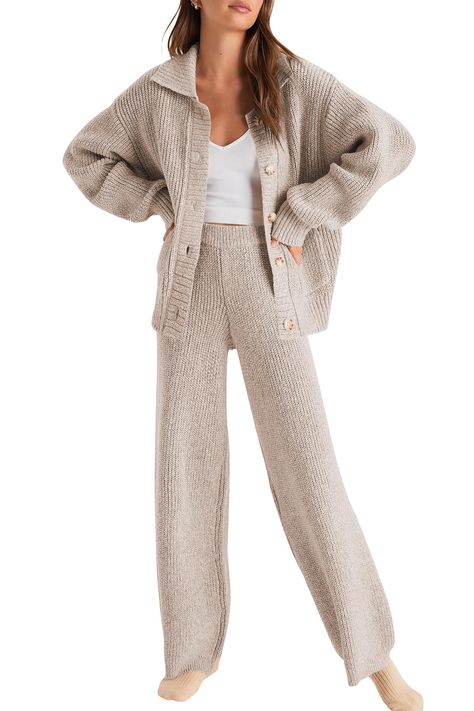 PRICES MAY VARY. Lounge Set: 2 piece outfits lounge sets for women fall fashion 2024, casual knit sweater loungewear matching set Collared Cardigans: Oversized collared button down ribbed open front sweater cardigan features 2 front pockets, long batwing sleeve, drop shoulder Wide Leg Pants: Casual high waisted knitted wide leg pants features elastic waist band, slouchy baggy sweatsuit, relaxed loose fit, cozy comfy warm clothing Occasion: Chunky cardigan sweater set is great for daily, lounge, Lounge Wear Winter Outfits, At Home Lounge Outfit, Wide Leg Knit Pants Outfit, Fashion Brand Moodboard, Matching Loungewear Set, Chunky Cardigan Sweater, Postpartum Outfits, Lounge Sets For Women, Getting Ready Outfits