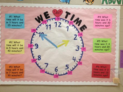 Interactive BB. Telling time.  Courtesy of J. Moreno Clock Bulletin Board, Teaching Classroom Decor, How To Tell Time, Math Bulletin Boards, Interactive Bulletin Board, Bible Teaching, Math Boards, Math Crafts, Math Challenge