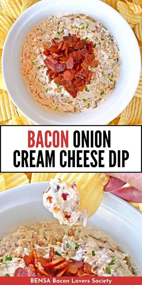 You'll love this bacon onion dip with cream cheese, caramelized onions, bacon and cheddar cheese for the perfect easy party appetizer to serve with veggies, pretzels, crackers or chips. Brunch Recipes With Bacon, Onion Cream Cheese Dip, Bacon Onion Dip, Bacon Cream Cheese Dip, Bacon Dip Recipes, Bacon Recipes Appetizers, Fast Appetizers, Dip With Cream Cheese, Cream Cheese Recipes Dip