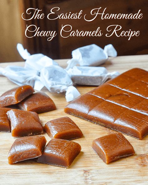 Homemade Chewy Caramels. Maybe the easiest caramel candy recipe ever; a few simple ingredients and a little time is all you need to make this easy, buttery, delicious, irresistible, homemade caramel candy. Easy Caramel Candy Recipe, Chewy Caramels Recipe, Homemade Caramel Candy, Caramel Candies Recipe, Homemade Caramel Recipes, Homemade Caramels, Caramel Cookies Bars, Chewy Caramel, Rock Recipes