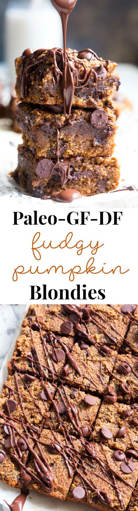 These fudgy pumpkin blondies are a dream! They're chewy, sweet, packed with chocolate and warm spices. Family approved, perfect for fall baking or any time of year. These addicting pumpkin blondies are paleo, dairy-free, and gluten-free. Pumpkin Blondes, Paleo Pumpkin Bars, Pumpkin Blondies, Clean Dessert, Paleo Recipes Dessert, Paleo Baking, Paleo Sweets, Flax Egg, Paleo Treats