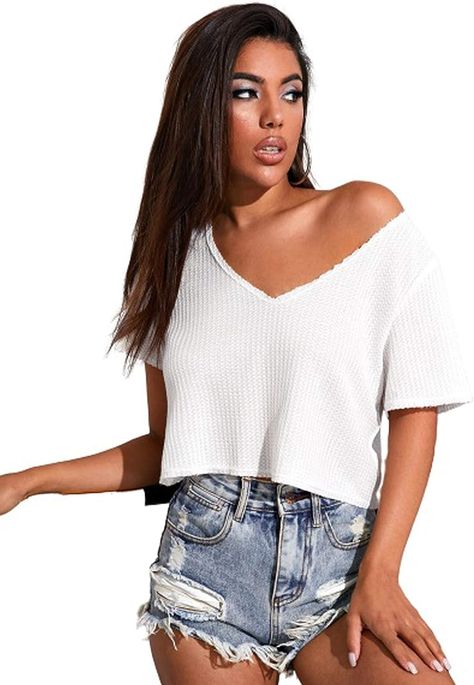 Blusas Crop Top, White Fashion Casual, Crop Top Tees, Waffle Knit Top, Cropped Tops, Crop Top Shirts, Short Sleeve Cropped Top, Women T Shirts, Shein Tops